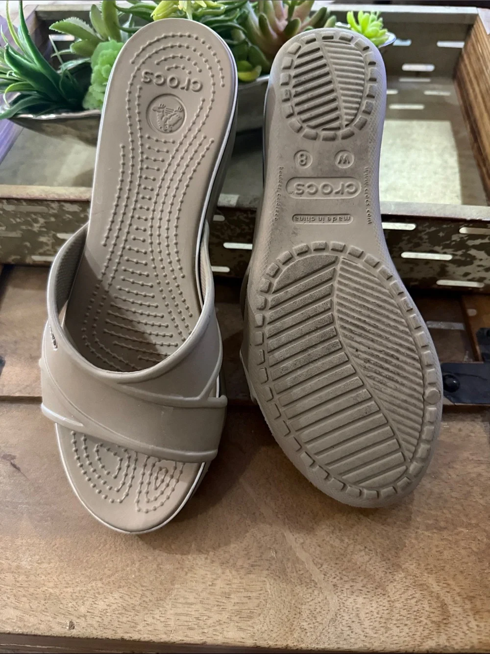 CROCS Women's Taupe Slide Sandals in Neutral Beige